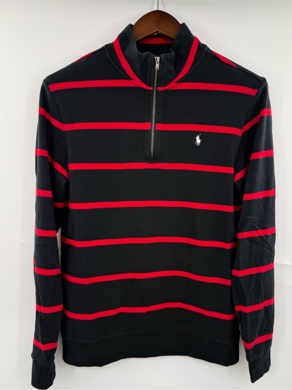Polo Ralph Lauren Boys XL 18-20 Quarter Zip Pullover Black Red Stripe Cotton